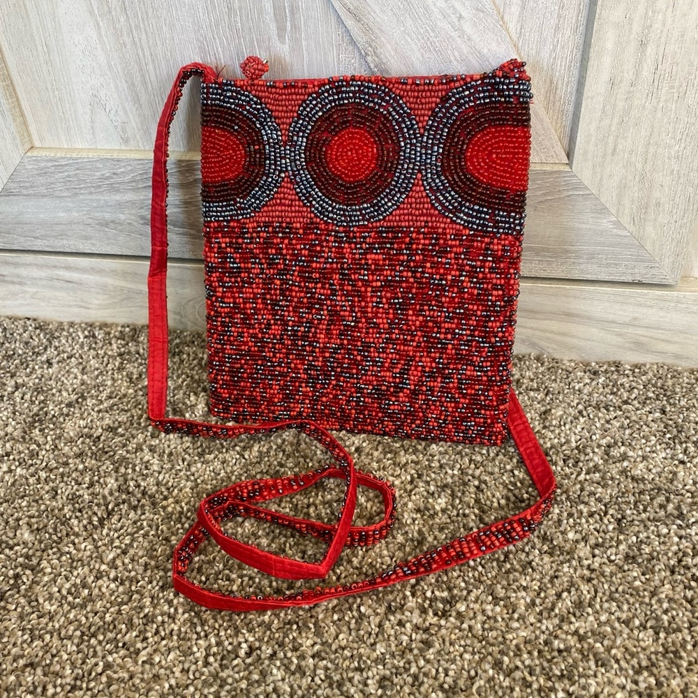 Vintage Red Seed Bead Crossbody Clutch Boho Handbag, Red Geometric Pattern Bag